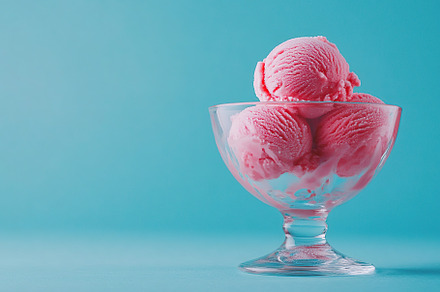 Delightful pink ice cream scoops in a glass bowl against a brigh, a Food & Drink Photo by AlyaAnd