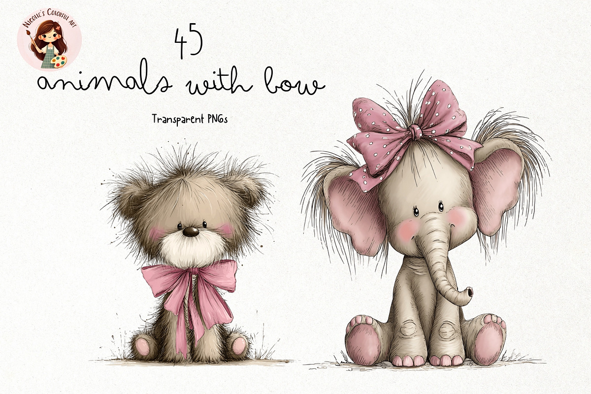 Cute Animals with Bow Clipart, an Animal Illustration by Nicolle's Colorful Art (Photo 1 of 5)