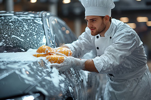 Chef washes a car with soap and wate, a Photo by Tanuart