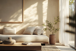 Modern scandinavian interior of living room with couch on brick wall background, a Photo by AlyaAnd