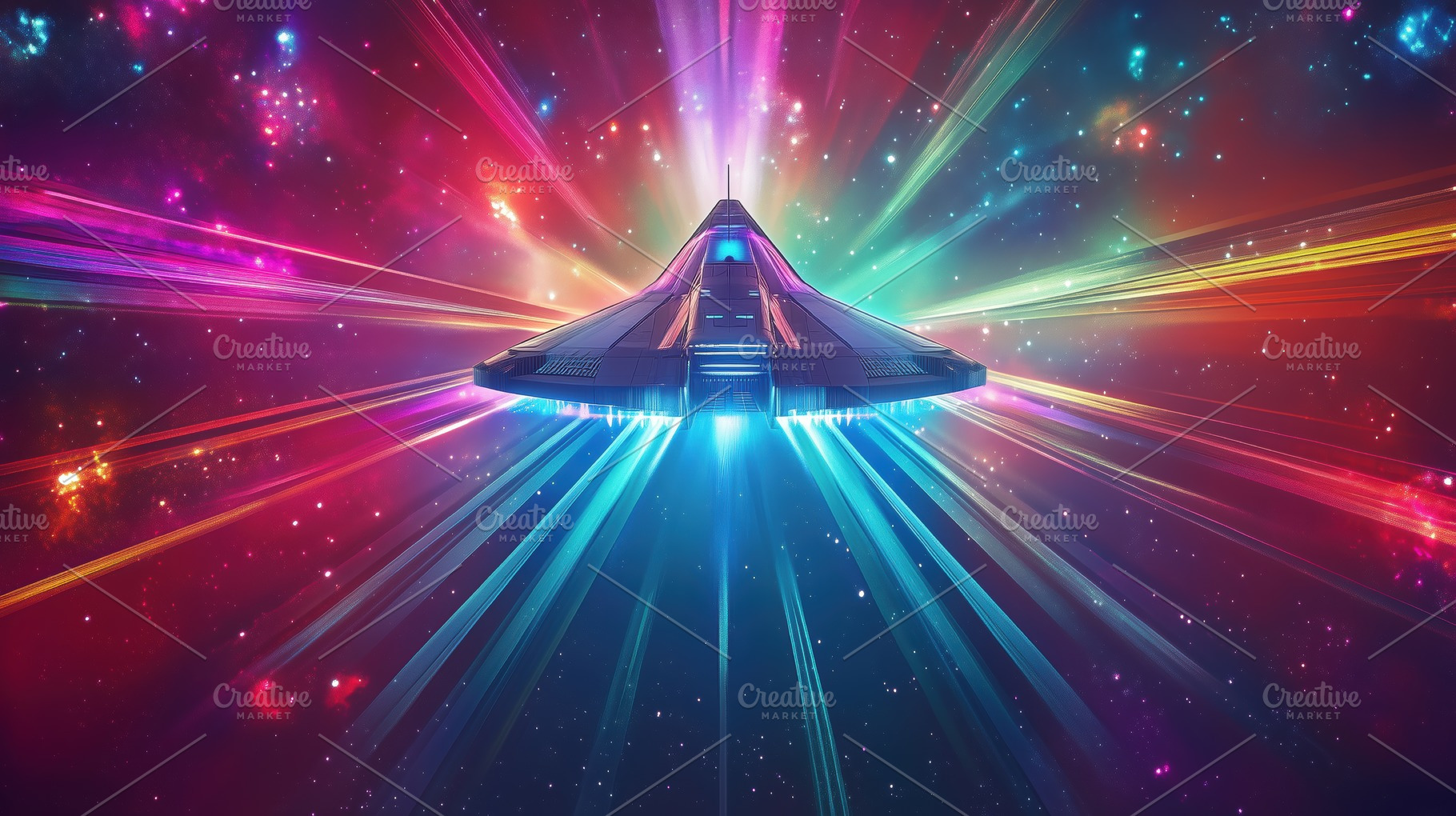A futuristic spaceship emitting colorful light beams in a starry galaxy., an Arts & Entertainment Photo by Textures & Backgrounds