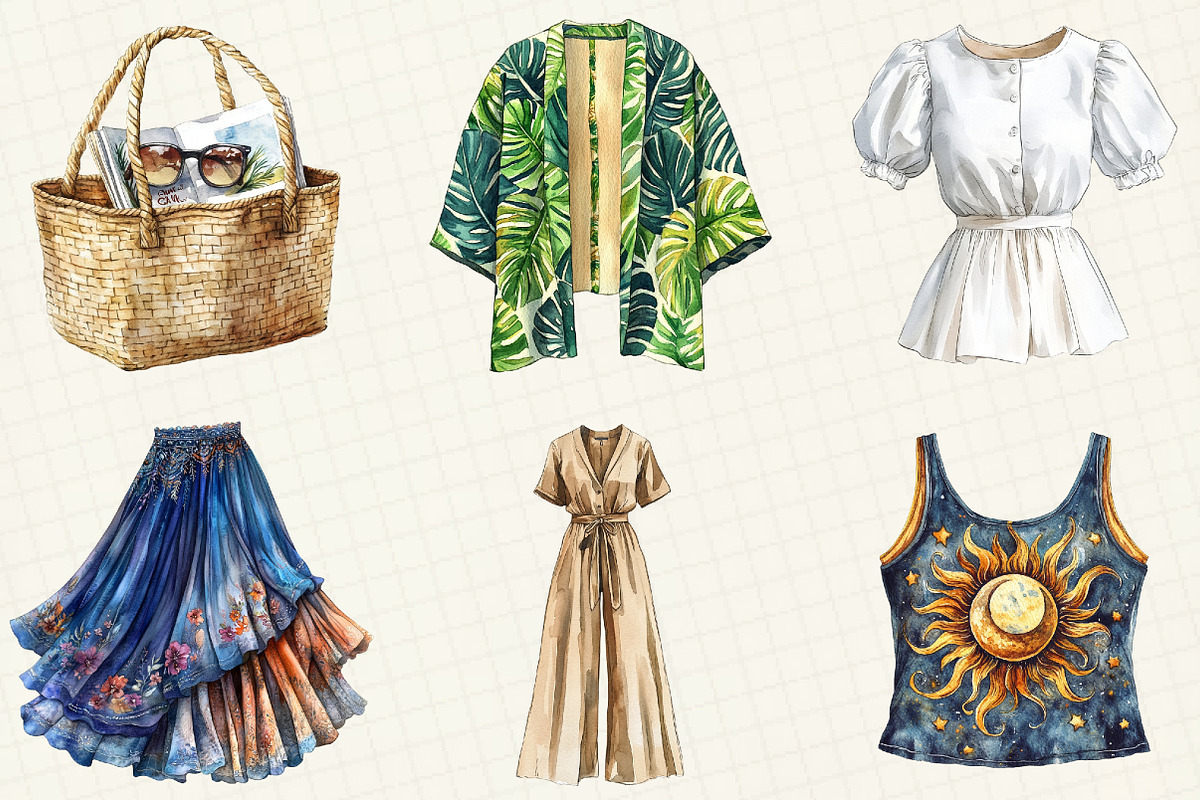 Watercolor Summer Fashion Clipart, an Illustration by OK Design (Photo 2 of 5)