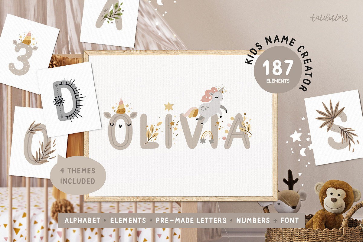 Kids Name creator Nursery art & Font, an Animal Illustration by tatiletters (Photo 1 of 12)