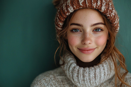 Young woman wearing cozy knit hat and sweater with soft smile, exuding warmth a, a Person Photo by José Manuel Gelpi