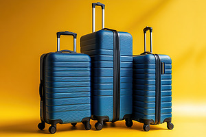 Three stylish blue suitcases displayed against a vibrant yellow, a Photo by AlyaAnd