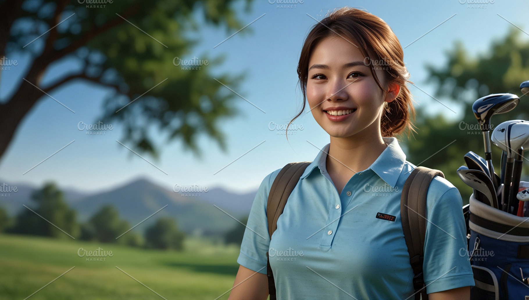 Smiling Asian Woman Golfer on Golf C, a Sports & Recreation Photo by Stock Shape