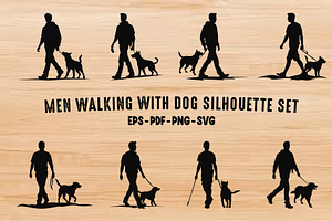 Men Walking with Dog Silhouettes set, a Person Illustration by Gfx Expert Team
