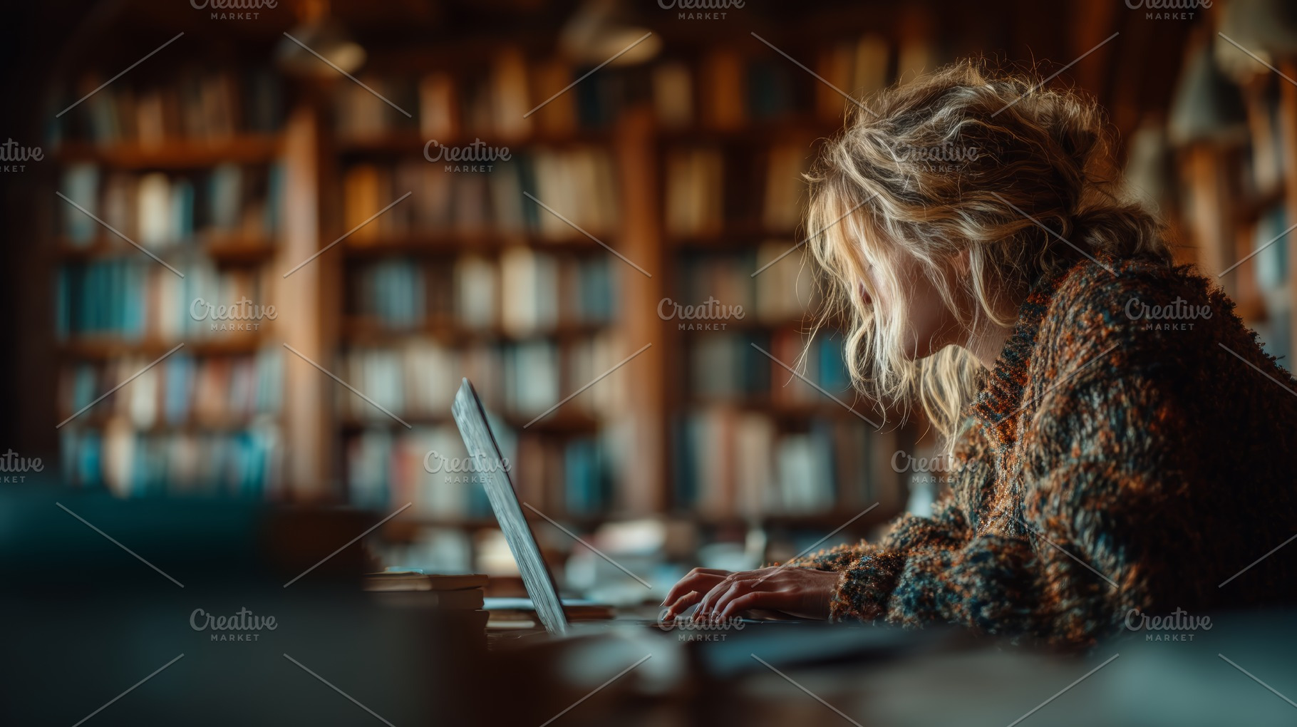 Young woman studying on a laptop in a quiet and cozy library, a Photo by AS photostudio