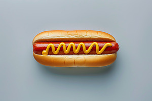 Hot dog with ketchup and mustard on grey background, a Food & Drink Photo by AlyaAnd