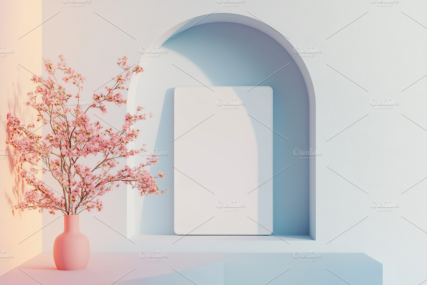 Blank tablet screen displayed on a pastel grey shelf with a floral vase, a Background Photo by AlyaAnd