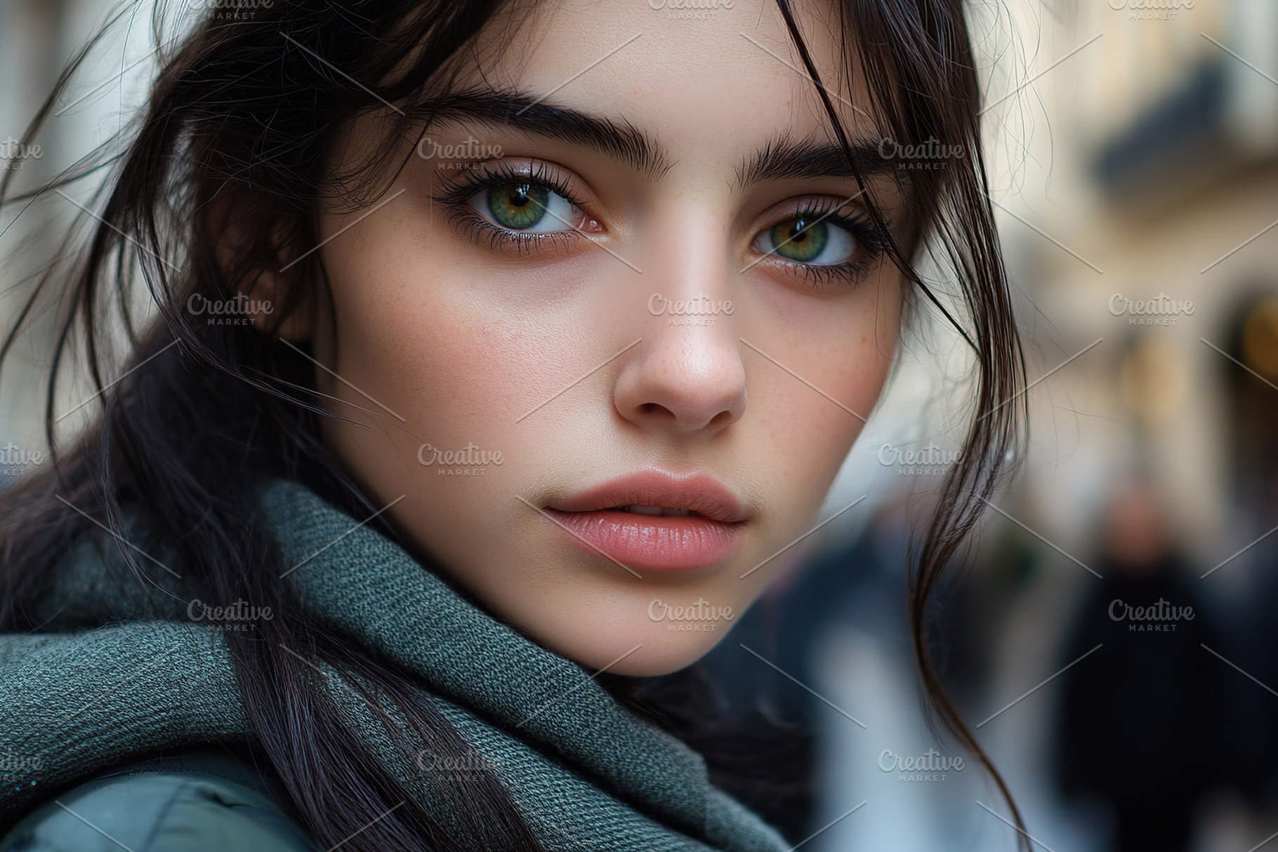 Captivating young woman with striking blue eyes in a bustling ur, a Person Photo by AlyaAnd