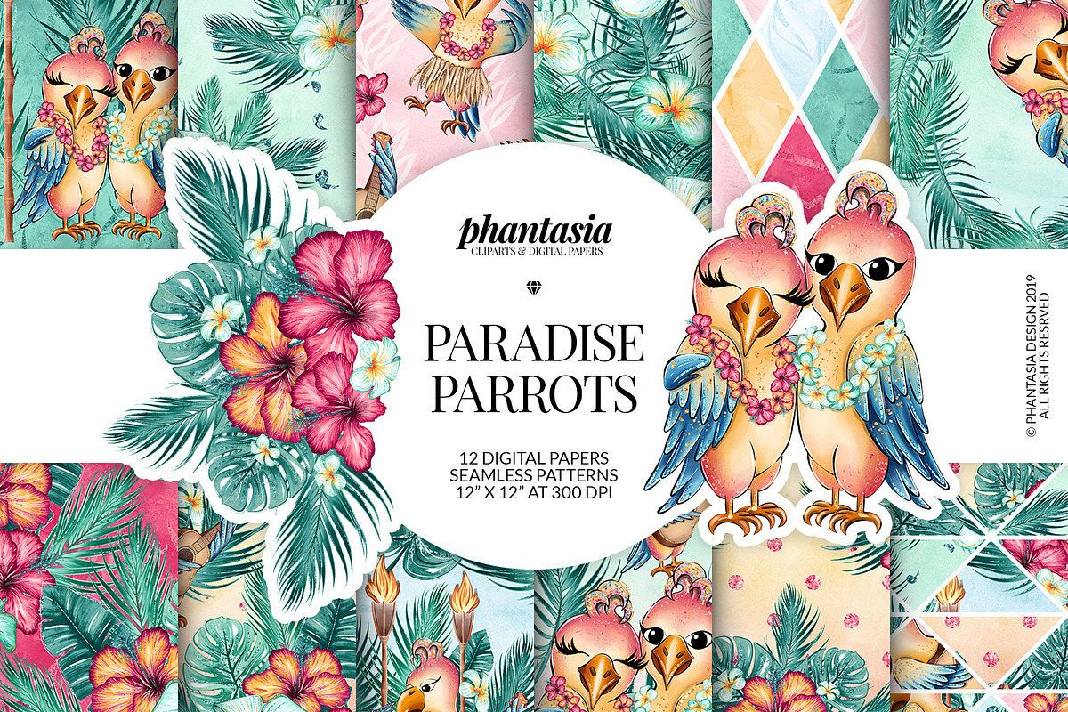 Cute Parrots Digital Papers, a Pattern Graphic by Phantasia Design (Photo 1 of 7)