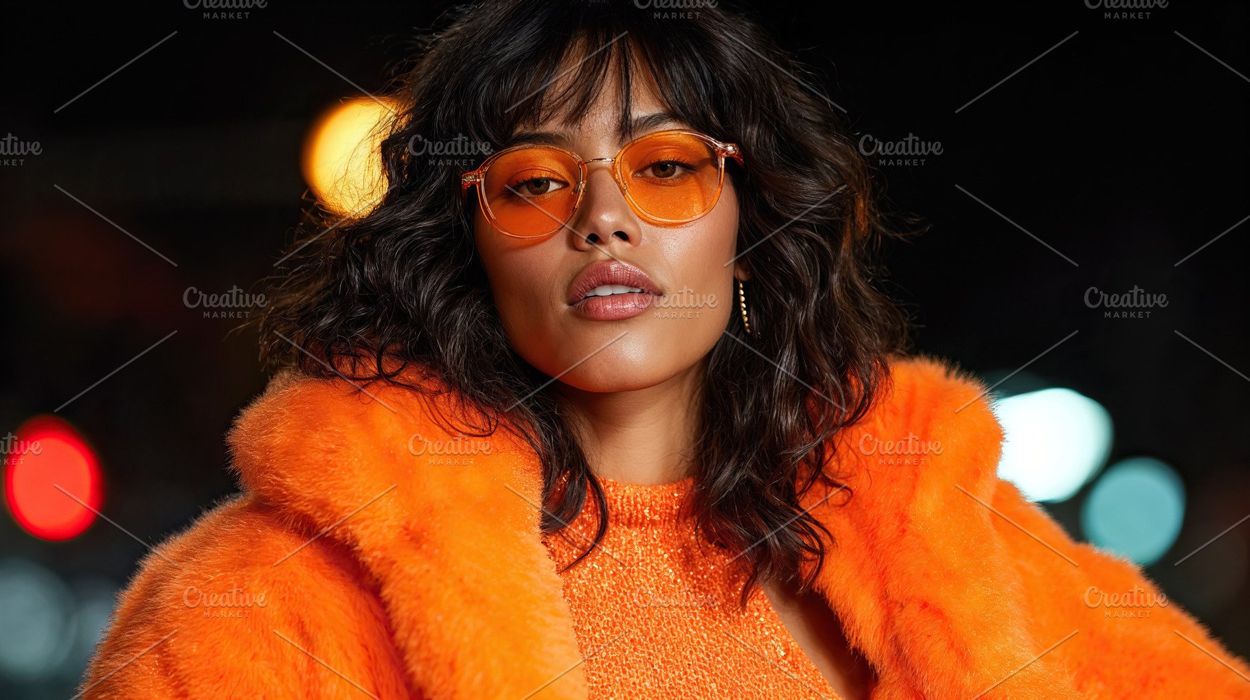 Influencer woman flaunts bold orange fashion at night in the city, a Person Photo by OSORIOartist