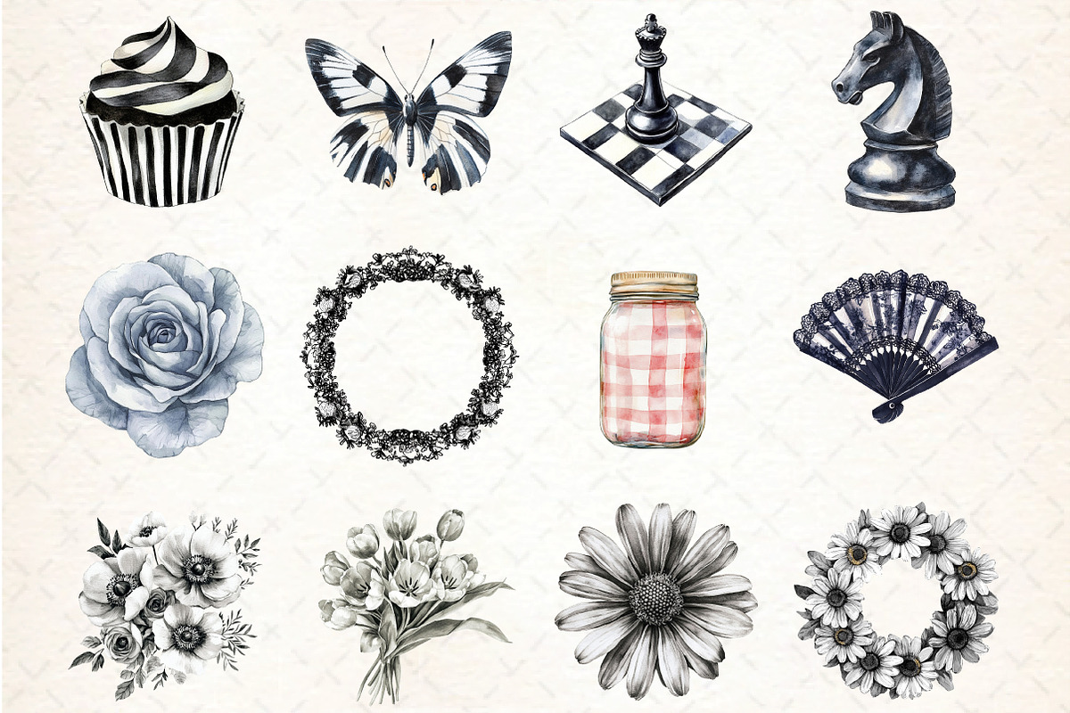 Watercolor Black and White Clipart, an Illustration by DreamCafeArt (Photo 4 of 4)