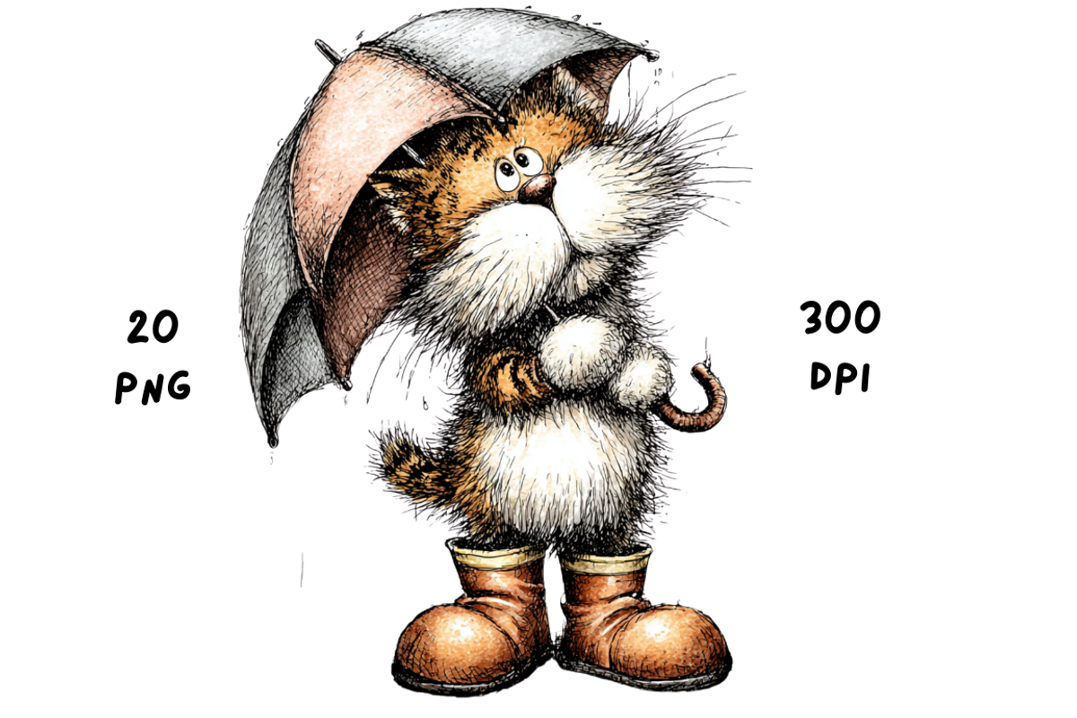 Whimsical Funny Rainy Cat Clipart, an Animal Illustration by GiraffeCreative (Photo 5 of 20)