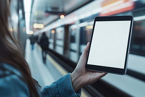 Woman holds tablet with blank screen, a Technology Photo by MistyDay