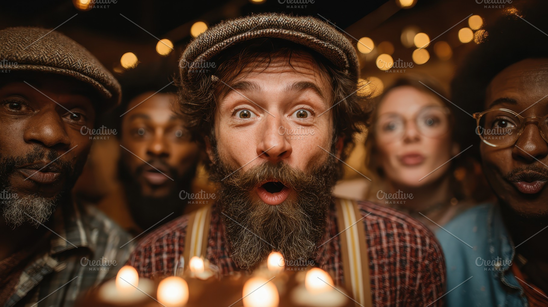 Man blowing out birthday candles wit, a Photo by Pixeness Studio
