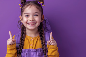 Cheerful Indian Schoolgirl in Purple Backpack Smiling over Purpl, a Photo by AS photostudio