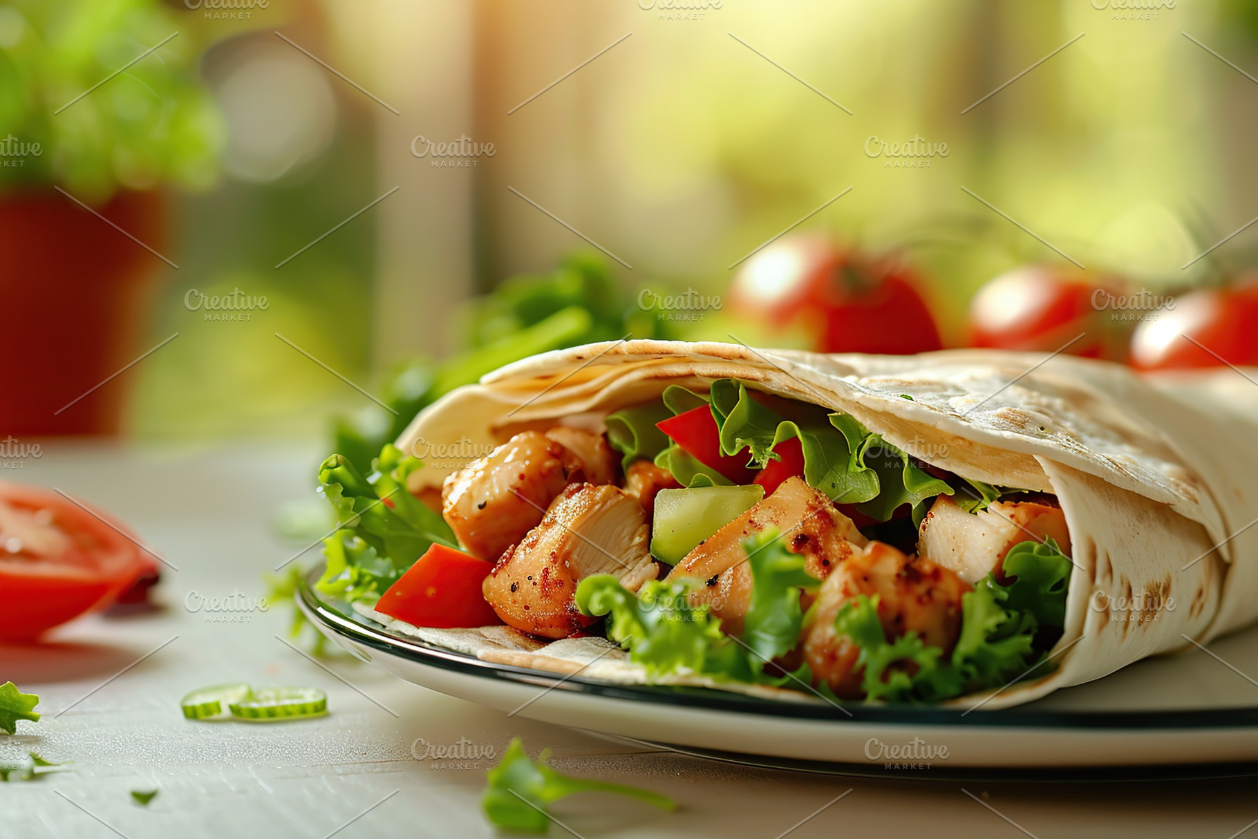 Tortilla wrap with chicken and fresh vegetables in plate on blurred background, a Food & Drink Photo by AlyaAnd