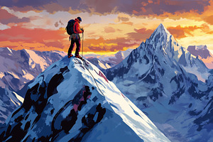 A climber stands triumphantly, a Photo by Pavel_design