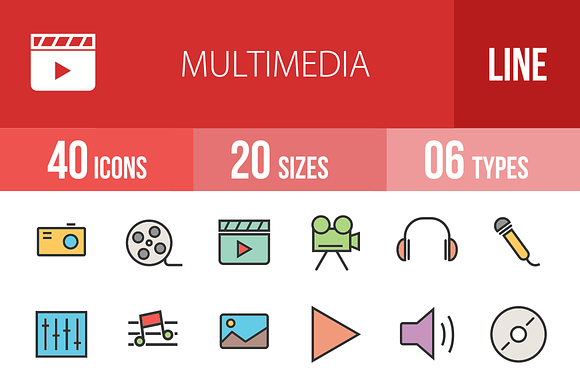 40 Multimedia Line Filled Icons