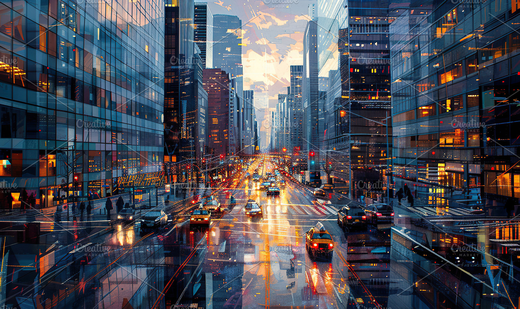 Evening downpour in a bustling city, a Photo by LOGOCREATIVE
