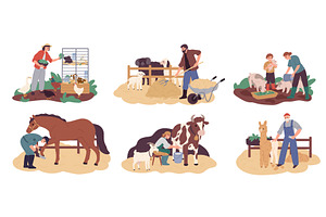 Happy farmers care animals. People, an Animal Illustration by YummyBuum