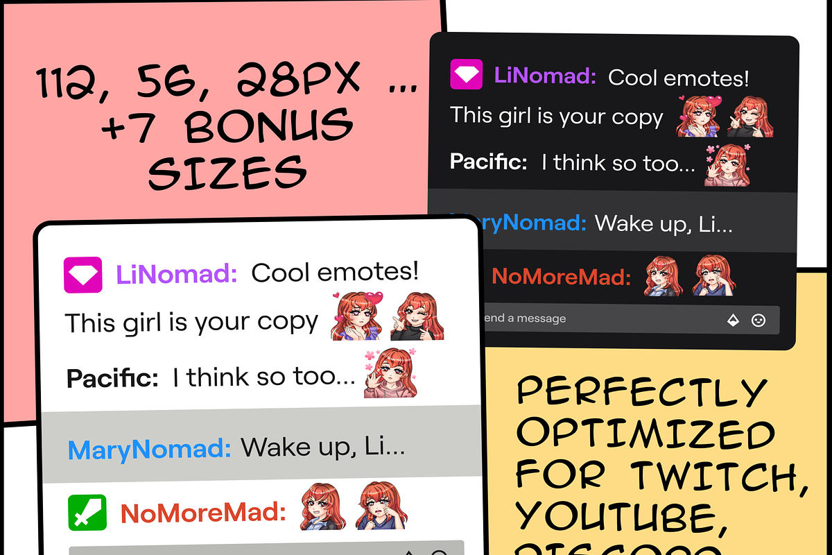 Red Long Hair Chibi Twitch Emotes, an Illustration by Custom Fonts & Patterns (Photo 3 of 9)