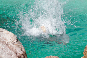Splashing water, jumping into cold mountain river in deep gorge., a Nature Photo by Bepslabor