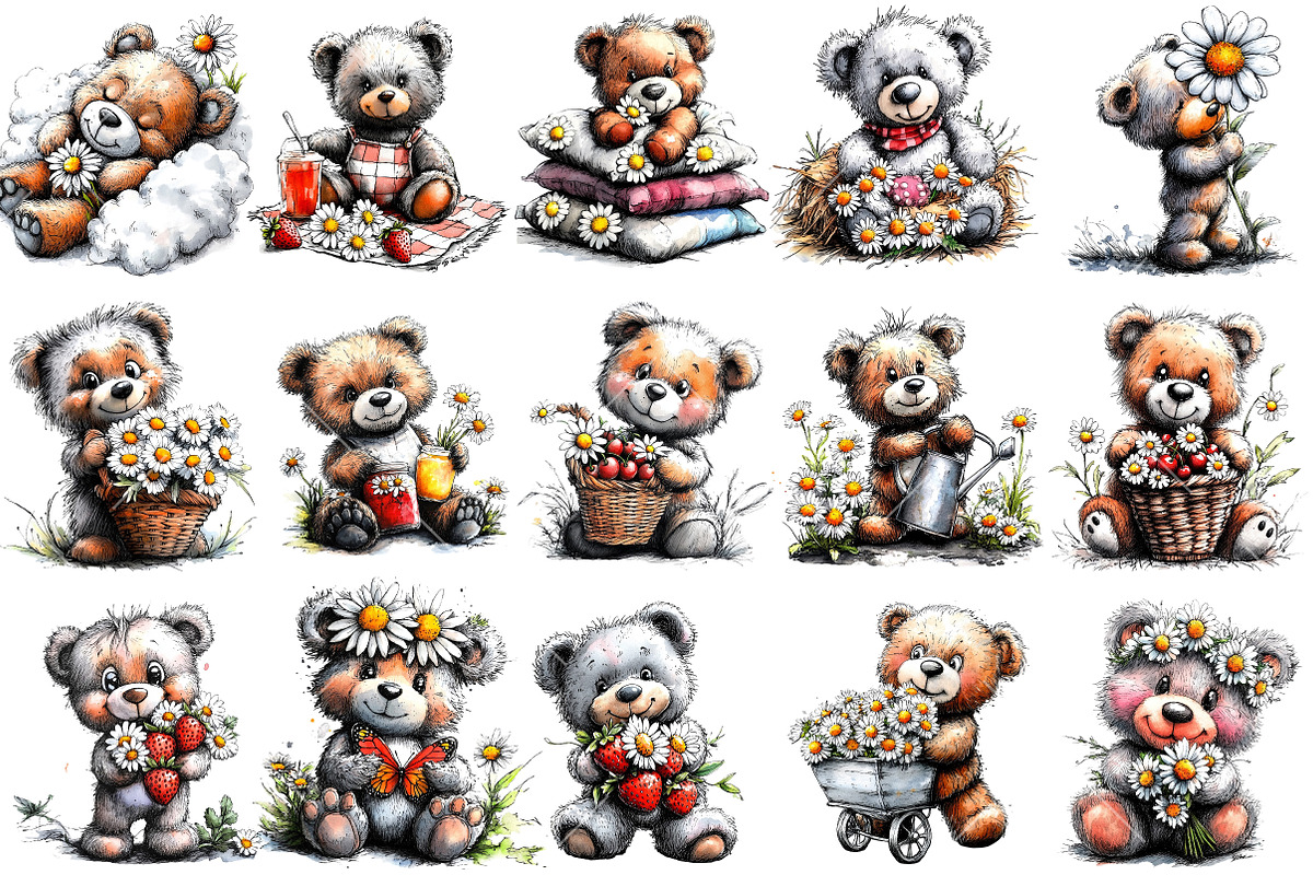 Watercolor Daisy Teddy Bear Clipart, a Seasonal Illustration by OK Design (Photo 3 of 6)