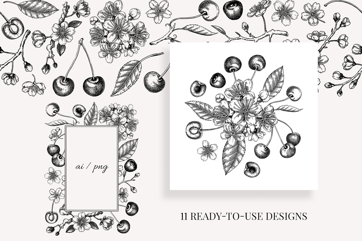 Vintage Cherry Blossom Vector Set, an Object Graphic by Yevheniia (Photo 6 of 9)