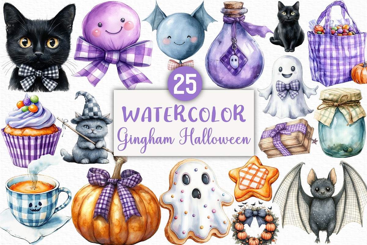 Purple Gingham Halloween Clipart, an Illustration by Craft Nest (Photo 1 of 6)