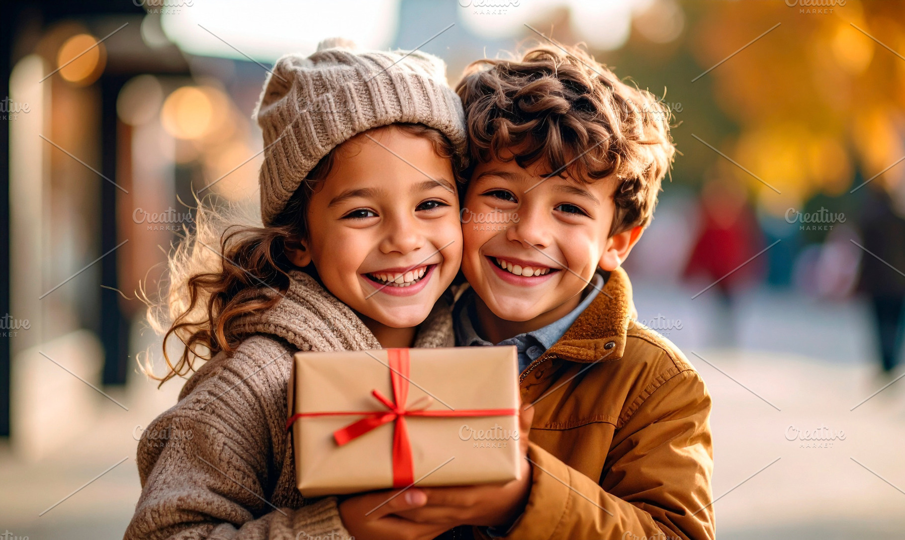 Smiling children holding wrapped gift outdoors, a Holiday Photo by Davizro's Market