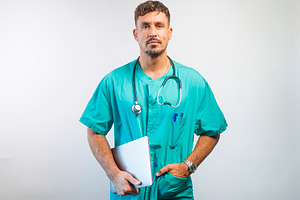 Male doctor standing with tablet in hand and stethoscope around neck, looking s, a Person Photo by karrastock