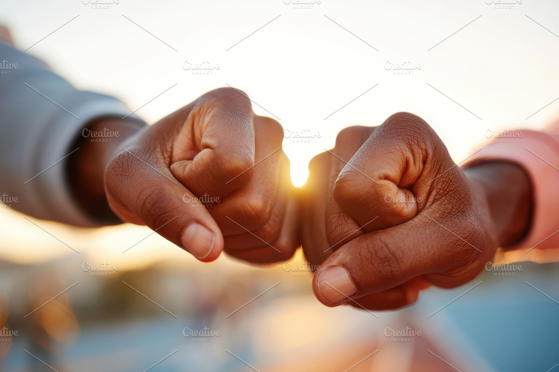 Fist bump at sunset symbolizing friendship and teamwork, a Business Photo by AlyaAnd