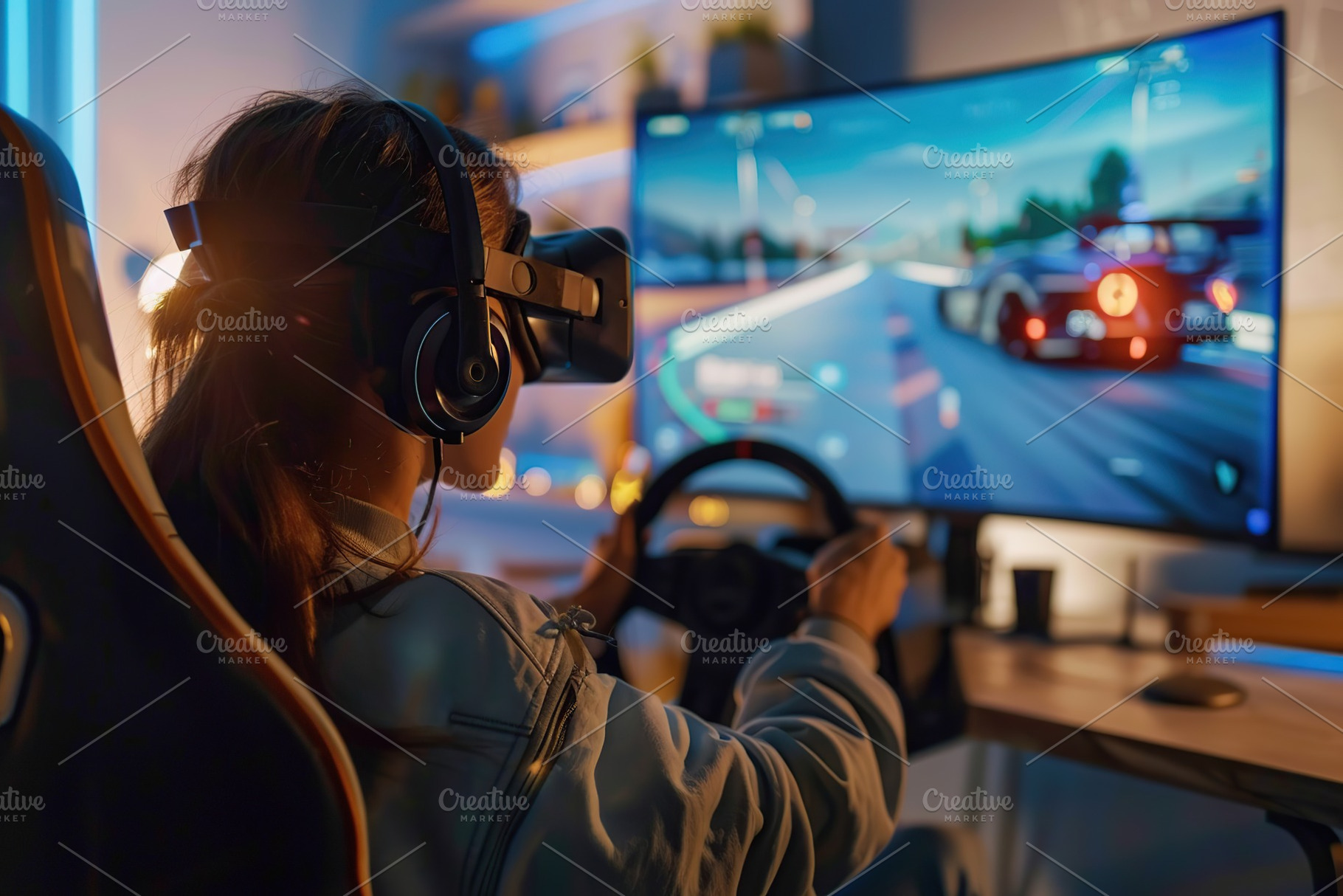Young woman in headphones with steering wheel playing car racing game at home, a Sports & Recreation Photo by AlyaAnd