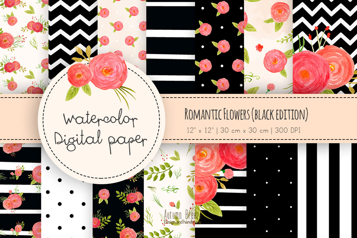 Romantic flowers digital paper black, a Pattern Graphic by Autumn Breeze (Photo 1 of 3)