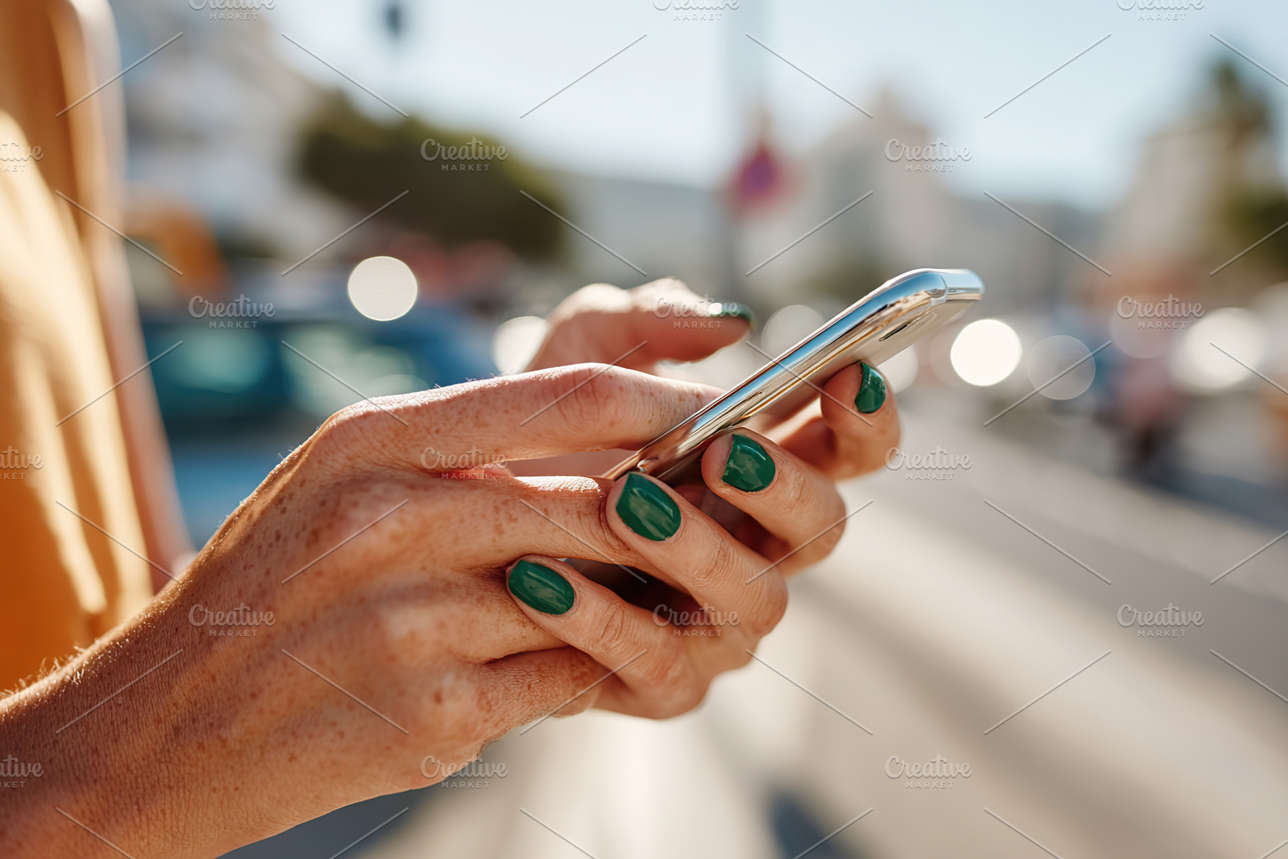 Close-up of a female hand using smartphone outdoors in bright daylight, a Photo by AlyaAnd