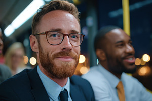 A smiling Caucasian man with glasses on a bus, exuding confidence, alongside di, a Business Photo by ImageMir