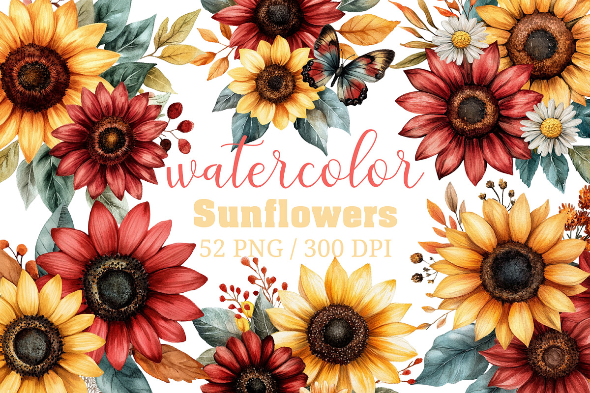 Watercolor Sunflowers Clipart, an Illustration by Craft Nest (Photo 1 of 8)