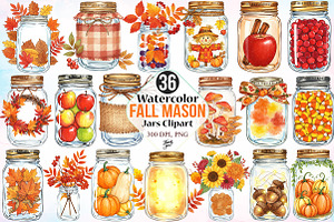 Watercolor Fall Mason Jars Clipart, an Illustration by Canvas Craft