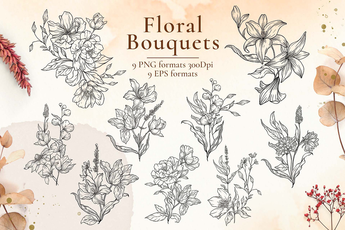 Floral Line Art Botanical Set Kit, a Decorative Illustration by Papatongartist (Photo 3 of 10)