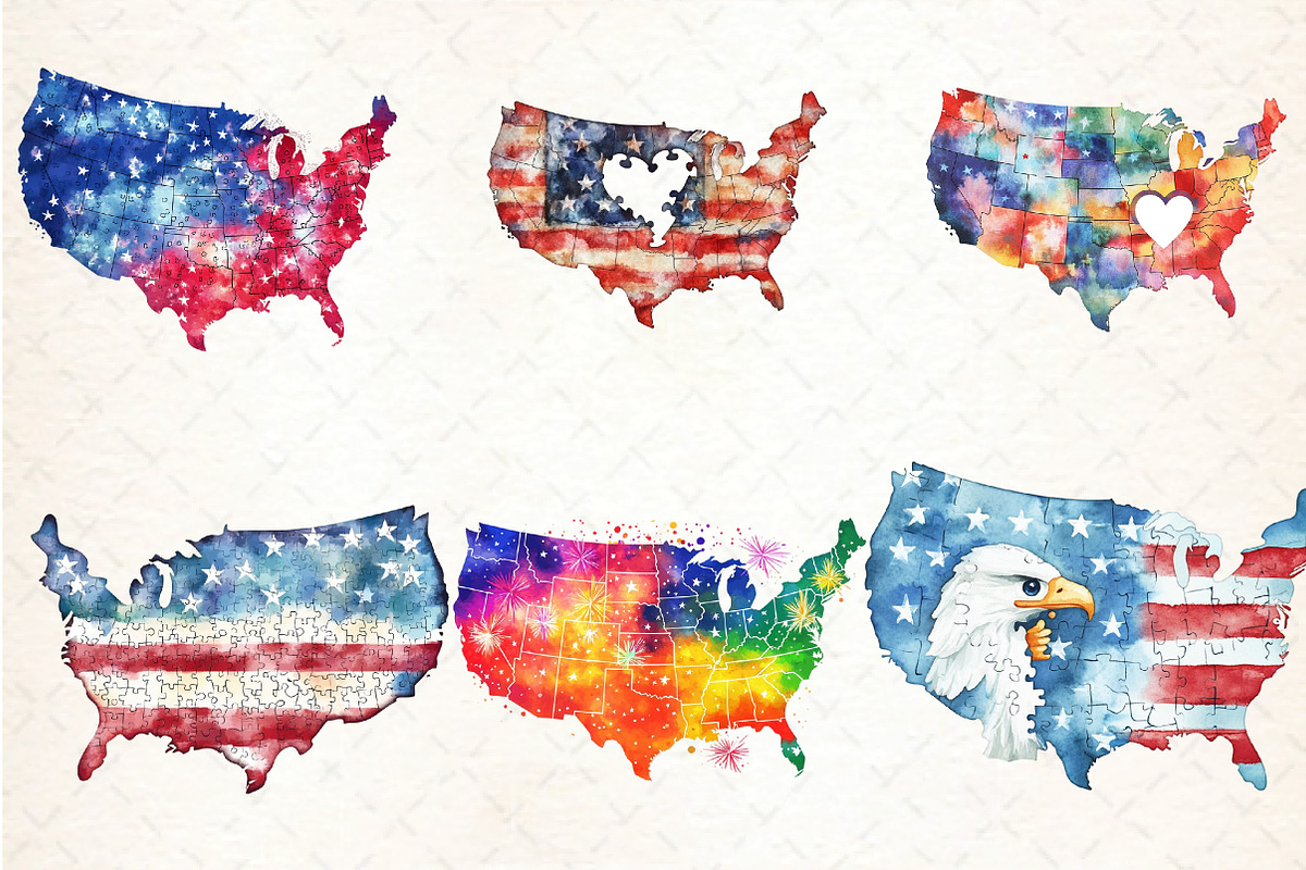 USA Map Puzzle 4th of July Clipart, an Illustration by DreamCafeArt (Photo 3 of 7)