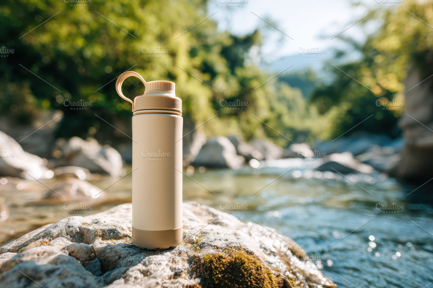 Water bottle by a serene stream, a Food & Drink Photo by AlyaAnd