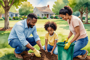 Black family practicing composting in their backyard, a Person Illustration by DanFLCreativo