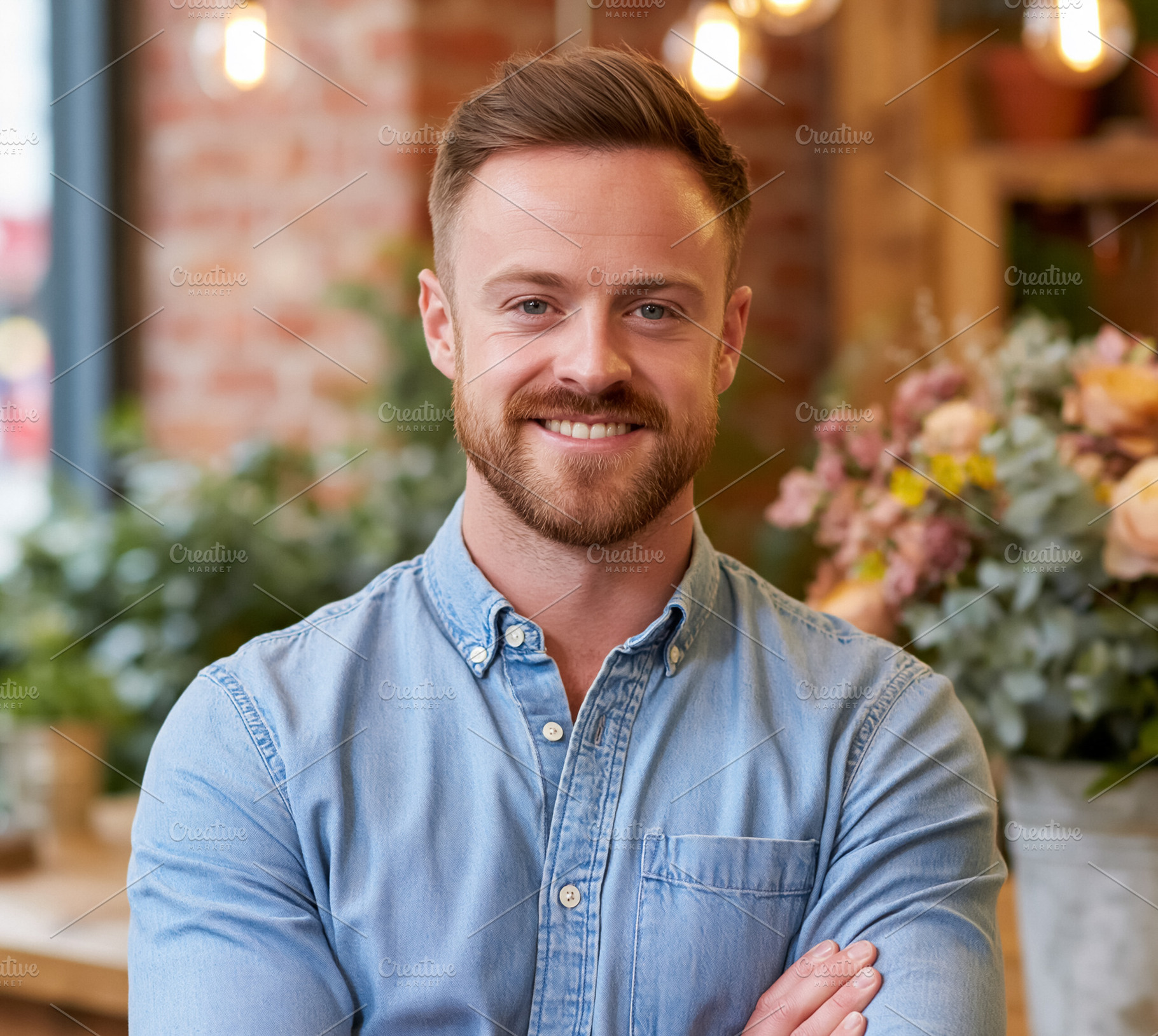 Smiling male small business owner standing in his flower shop, r, a Person Photo by Studio ANNA