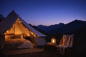 Outdoor glamping scene with cozy ten, a Photo by Dvoevnore photos