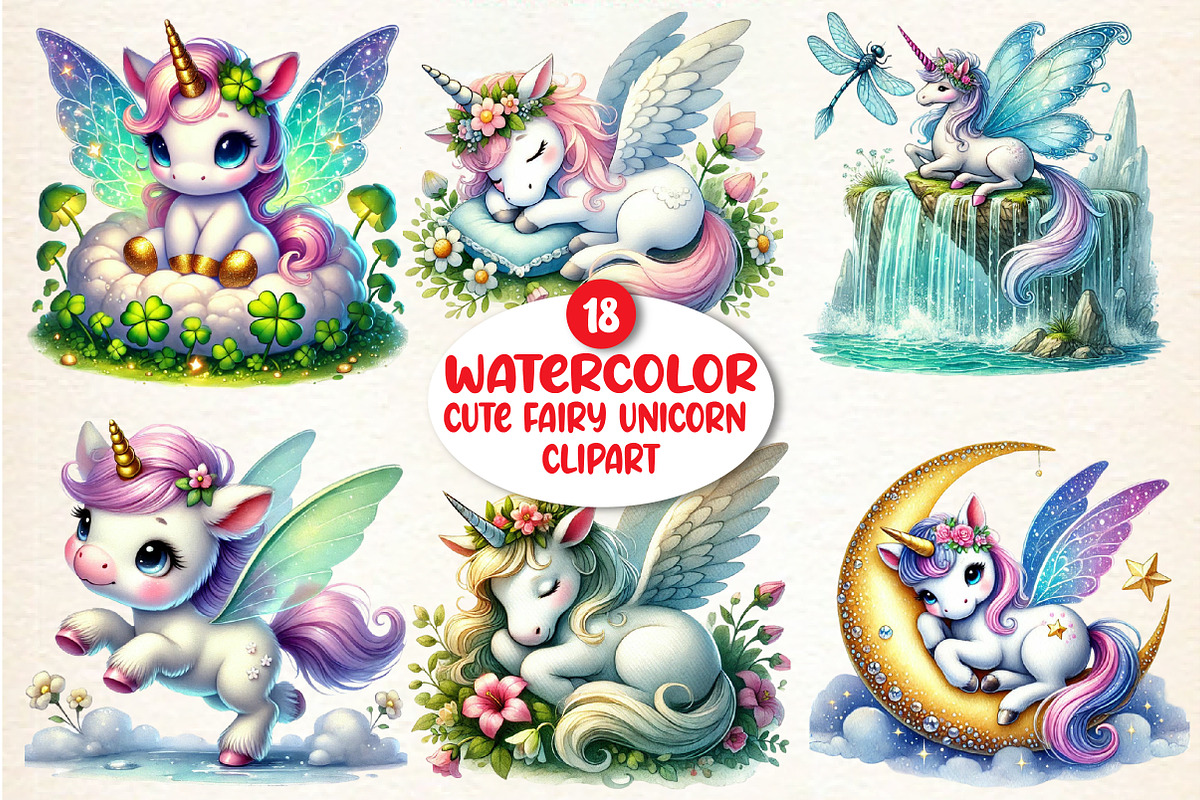 Cute Fairy Unicorn Sublimation Clipa, an Illustration by DreamArtGraphic (Photo 1 of 5)