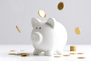 Shiny white piggy bank with golden coins in the air, a Business Photo by GoodGoods
