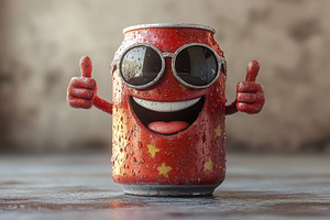 Cheerful soda can character enjoying, a Photo by Tanuart